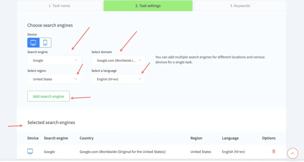 specify keyword rank tracker settings