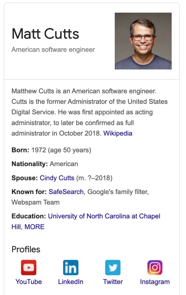 Google knowledge panel for a person