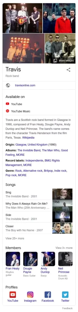 Google knowledge panel for artist