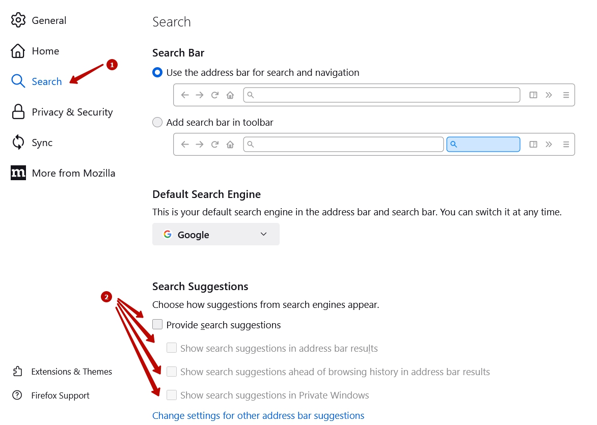 Firefox Google search suggestions settings