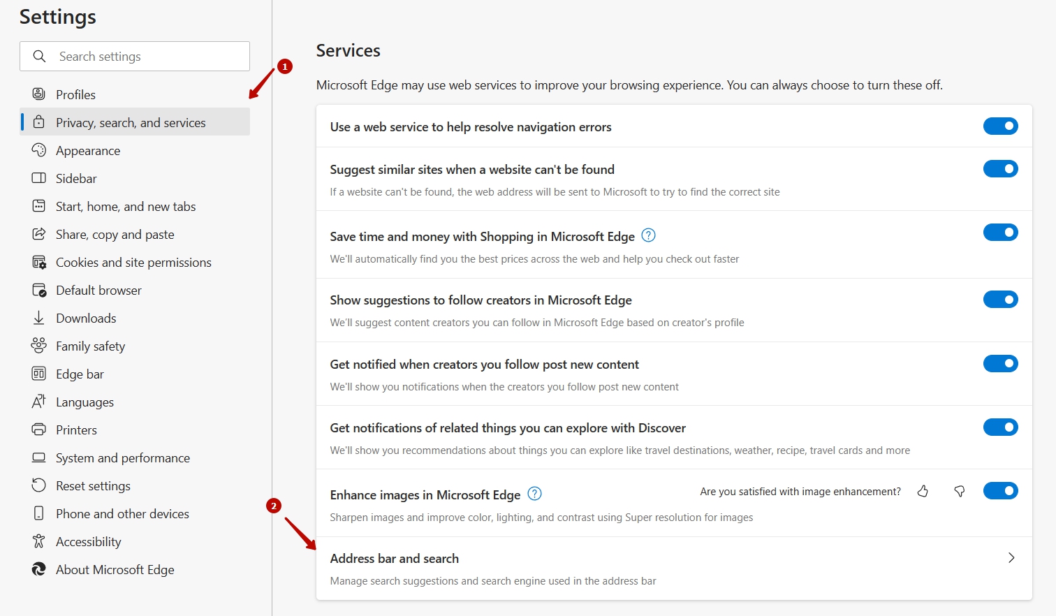 Microsoft Edge Google search suggestions settings