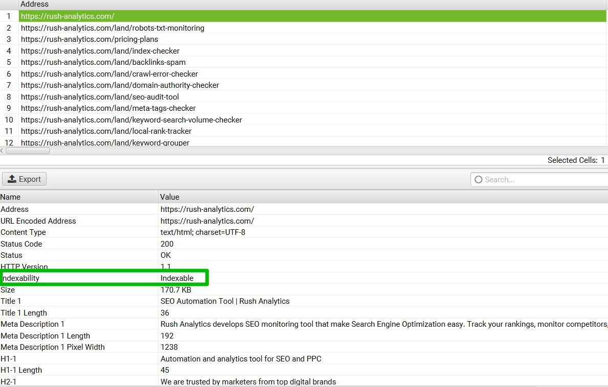 Indexability line in the screaming frog seo spider interface