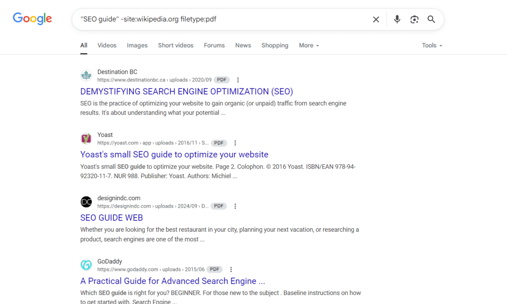 Google search results after