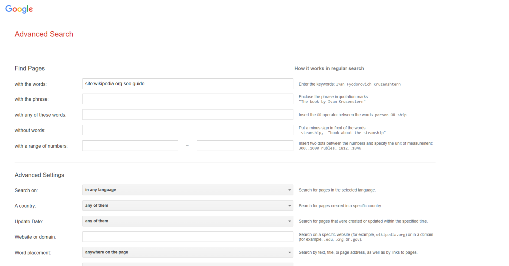 Google advanced search page