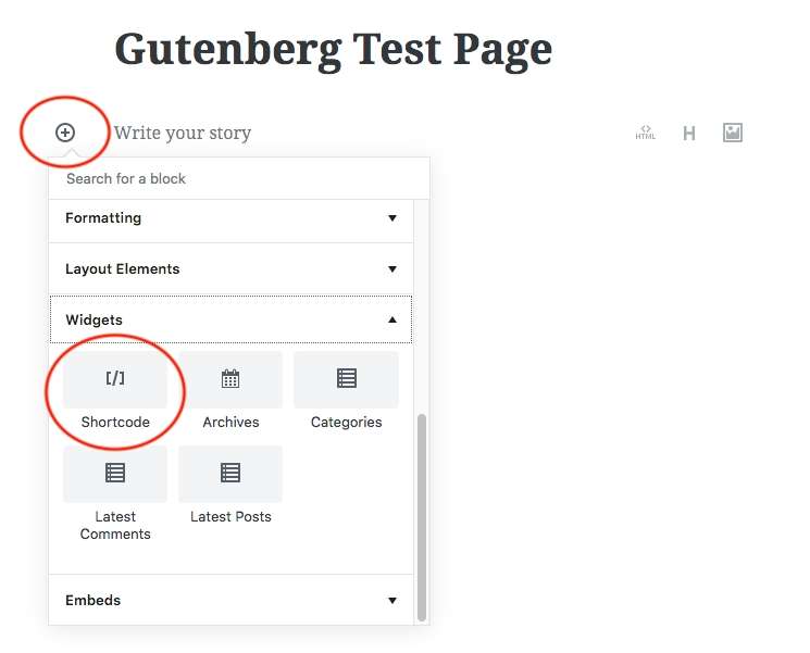 Gutenberg editor shortcode